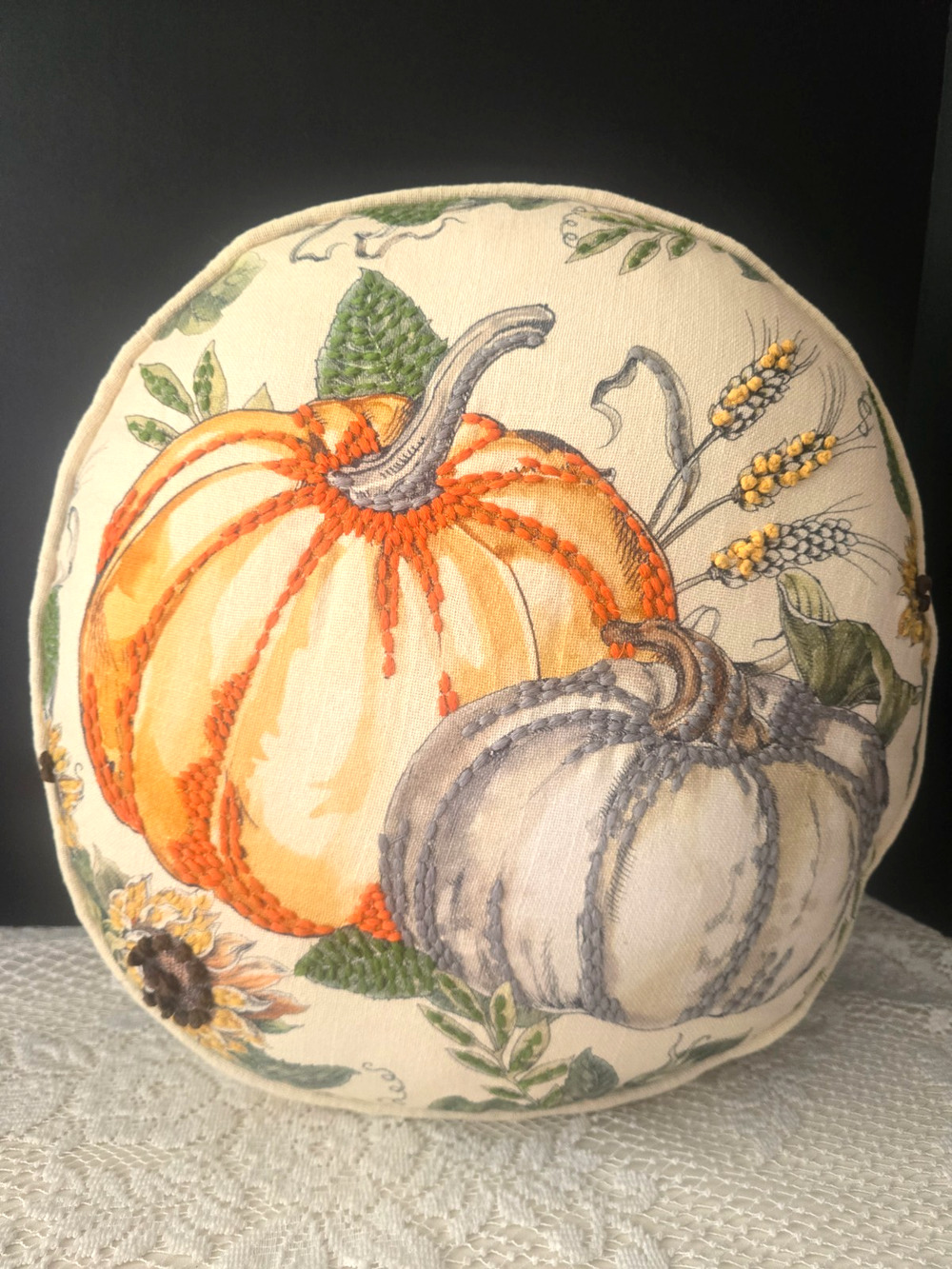 Pumpkin Sunflower Stitchery Pillow Round Fall Shabby Chic Brand Textured